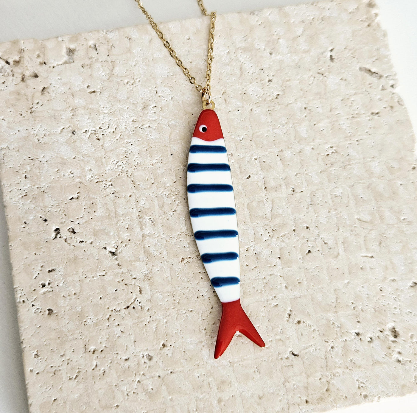 Portuguese Sardine Necklace Fish Blue Red White Enamel Pendant Gold Silver Sea Animal Long Fish Sardine Jewelry Gift Portugal Souvenir Gift