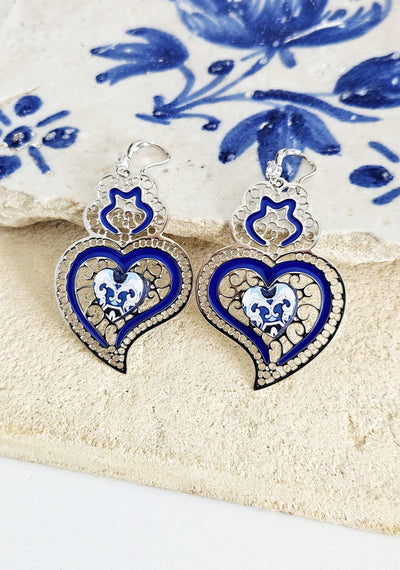 Viana Heart Blue Earring Filigree Steel Dangle Azulejo Heart 925 Sterling Silver Earring CZ Zircon Stone Lightweight Handmade Jewelry Gift