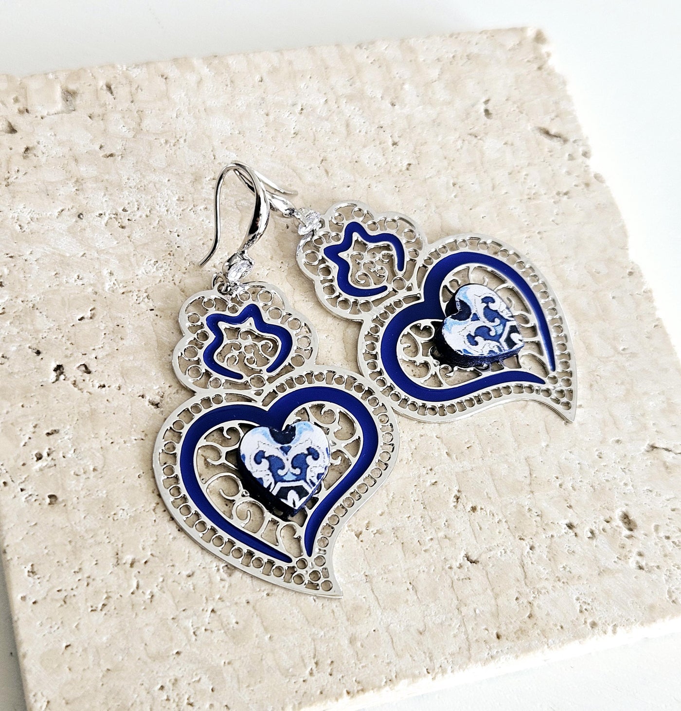 Viana Heart Blue Earring Filigree Steel Dangle Azulejo Heart 925 Sterling Silver Earring CZ Zircon Stone Lightweight Handmade Jewelry Gift