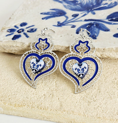 Viana Heart Blue Earring Filigree Steel Dangle Azulejo Heart 925 Sterling Silver Earring CZ Zircon Stone Lightweight Handmade Jewelry Gift