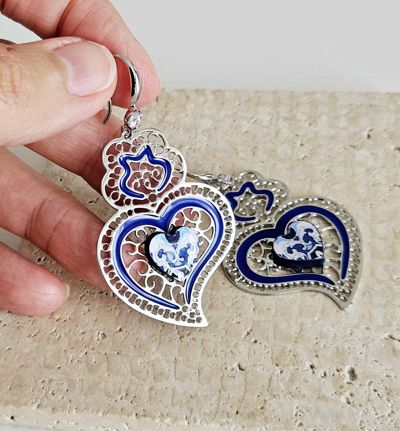 Viana Heart Blue Earring Filigree Steel Dangle Azulejo Heart 925 Sterling Silver Earring CZ Zircon Stone Lightweight Handmade Jewelry Gift