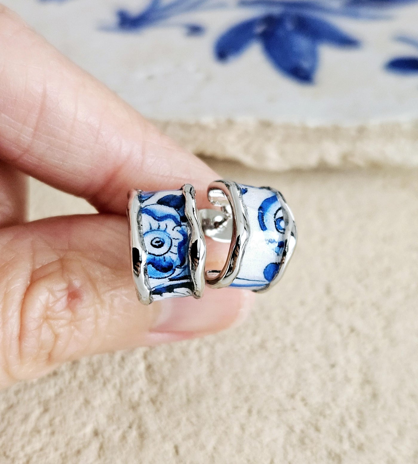 Portugal Tile Small HOOP Earring Flat Silver Hoop Stainless STEEL Hoop Earring Antique Blue Tile Portuguese Porto Travel Birthday Gift