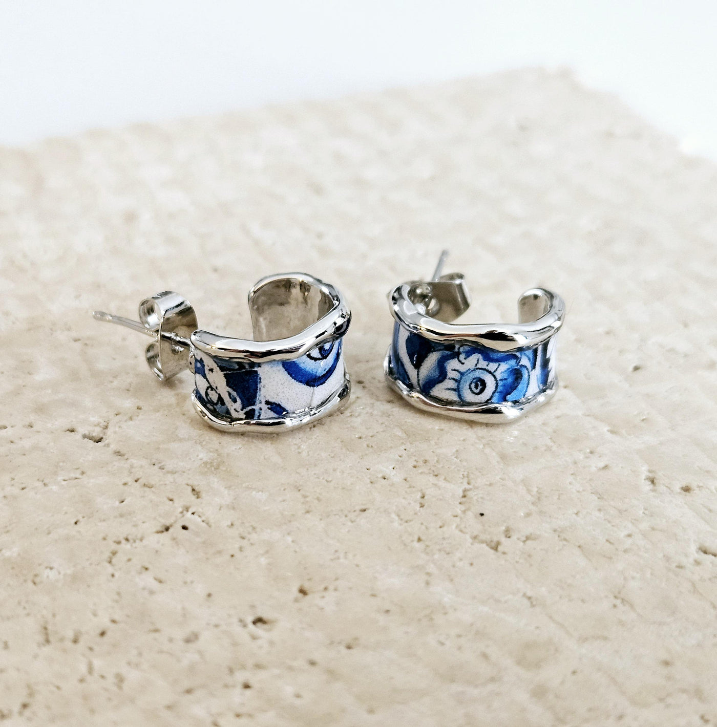 Portugal Tile Small HOOP Earring Flat Silver Hoop Stainless STEEL Hoop Earring Antique Blue Tile Portuguese Porto Travel Birthday Gift