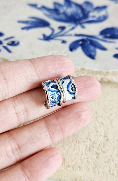 Portugal Tile Small HOOP Earring Flat Silver Hoop Stainless STEEL Hoop Earring Antique Blue Tile Portuguese Porto Travel Birthday Gift