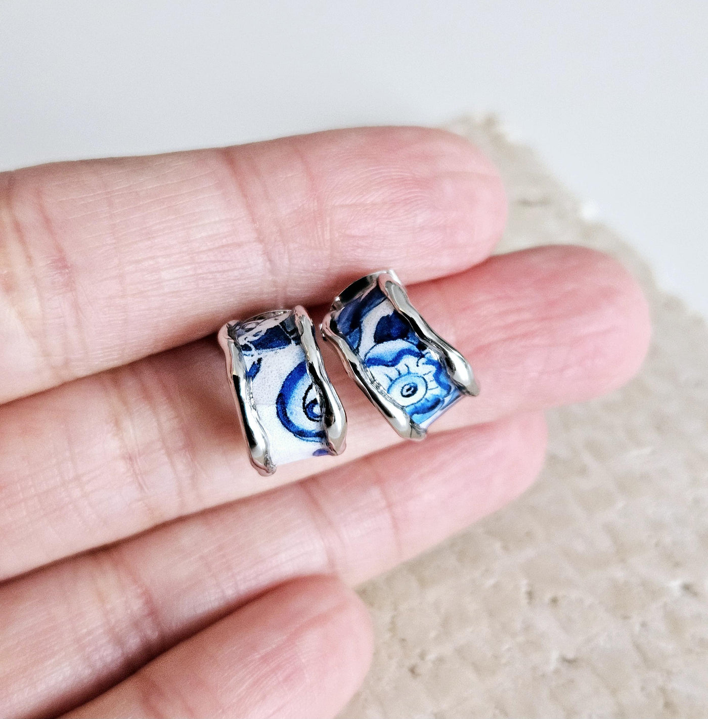 Portugal Tile Small HOOP Earring Flat Silver Hoop Stainless STEEL Hoop Earring Antique Blue Tile Portuguese Porto Travel Birthday Gift