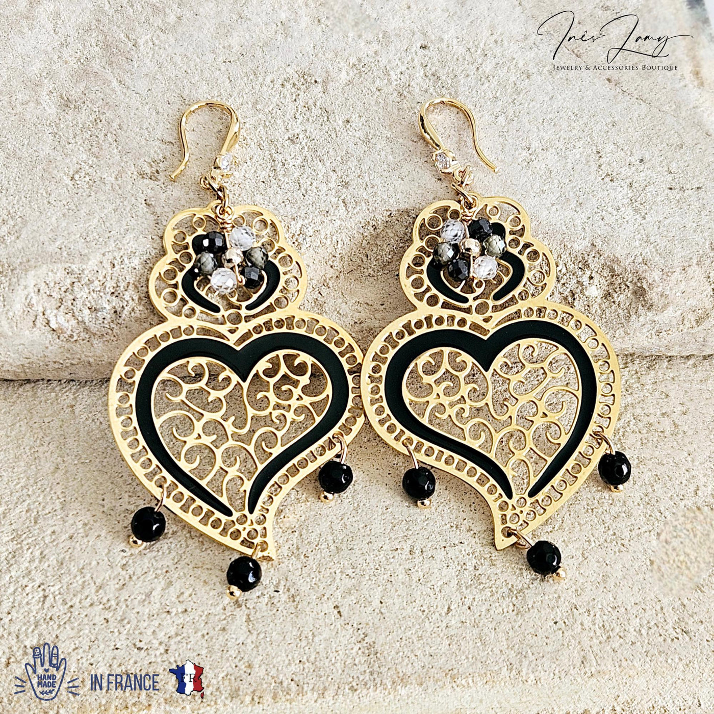 Viana Heart Black Earring Filigree Steel Dangle Heart 925 Ear Wire GOLD Earring Zircon Natural Stone Enamel Handmade Jewelry Birthday Gift