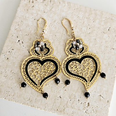 Viana Heart Black Earring Filigree Steel Dangle Heart 925 Ear Wire GOLD Earring Zircon Natural Stone Enamel Handmade Jewelry Birthday Gift