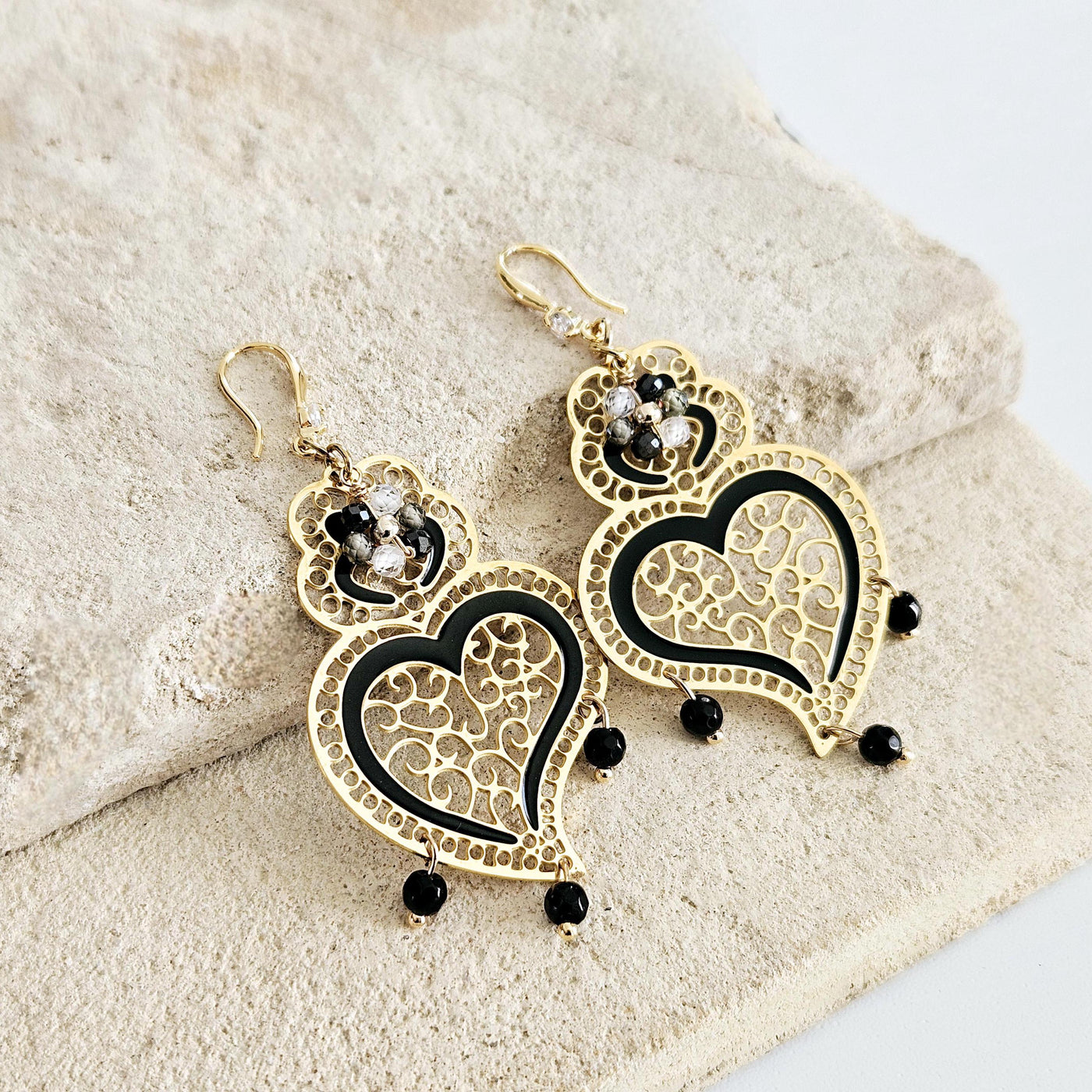 Viana Heart Black Earring Filigree Steel Dangle Heart 925 Ear Wire GOLD Earring Zircon Natural Stone Enamel Handmade Jewelry Birthday Gift