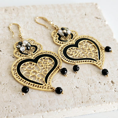 Viana Heart Black Earring Filigree Steel Dangle Heart 925 Ear Wire GOLD Earring Zircon Natural Stone Enamel Handmade Jewelry Birthday Gift