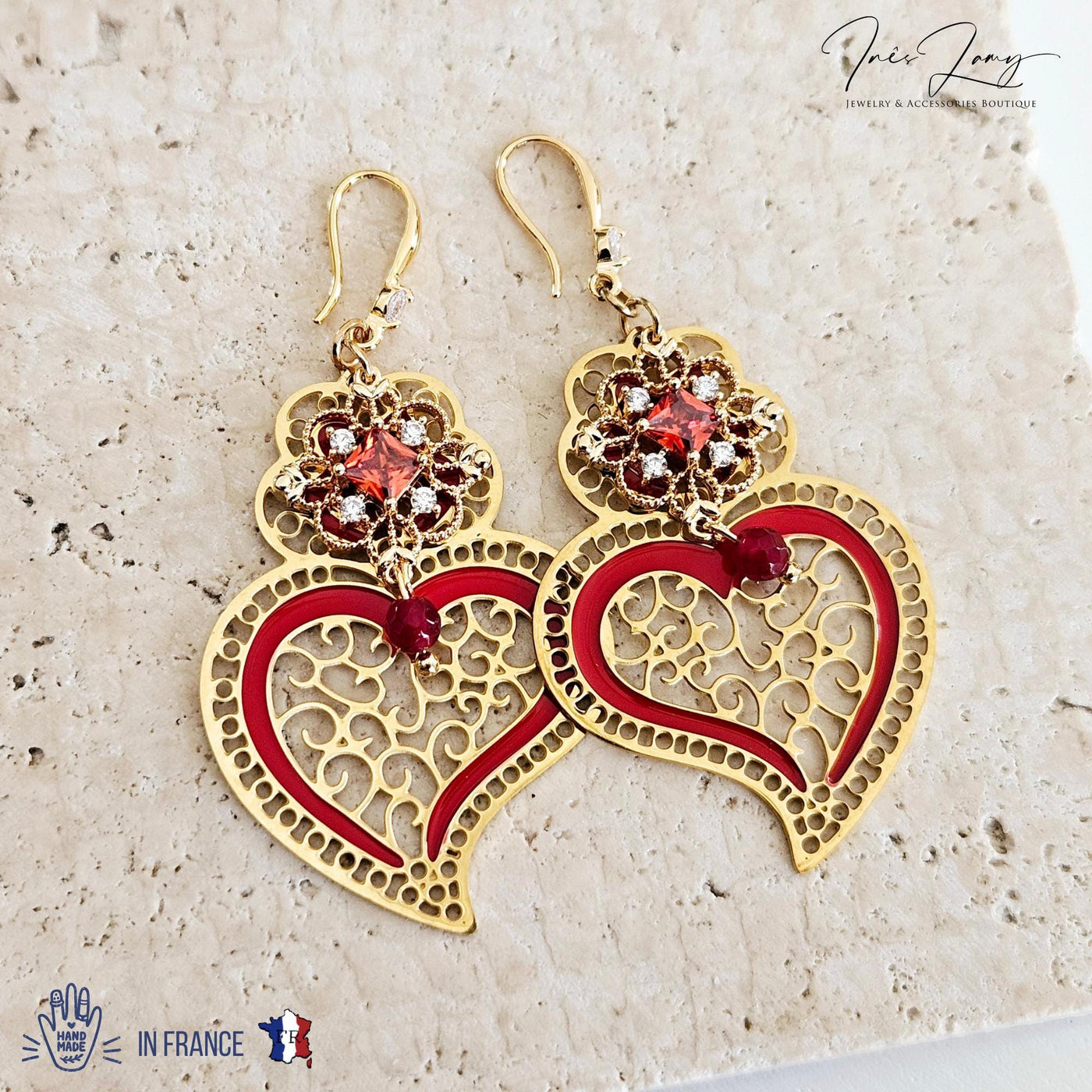 Viana Heart Earring Red Filigree Steel Dangle Baroque Minho Heart 925 Sterling Silver Earring CZ Zircon Stone Handmade Jewelry Birthday Gift