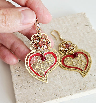 Viana Heart Earring Red Filigree Steel Dangle Baroque Minho Heart 925 Sterling Silver Earring CZ Zircon Stone Handmade Jewelry Birthday Gift