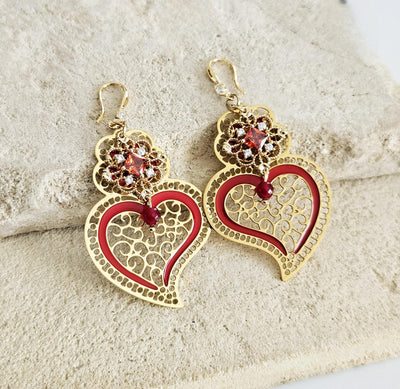 Viana Heart Earring Red Filigree Steel Dangle Baroque Minho Heart 925 Sterling Silver Earring CZ Zircon Stone Handmade Jewelry Birthday Gift