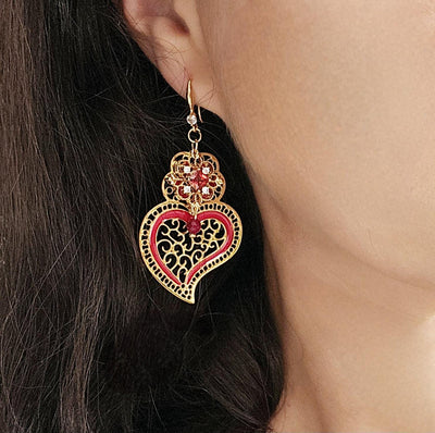 Viana Heart Earring Red Filigree Steel Dangle Baroque Minho Heart 925 Sterling Silver Earring CZ Zircon Stone Handmade Jewelry Birthday Gift