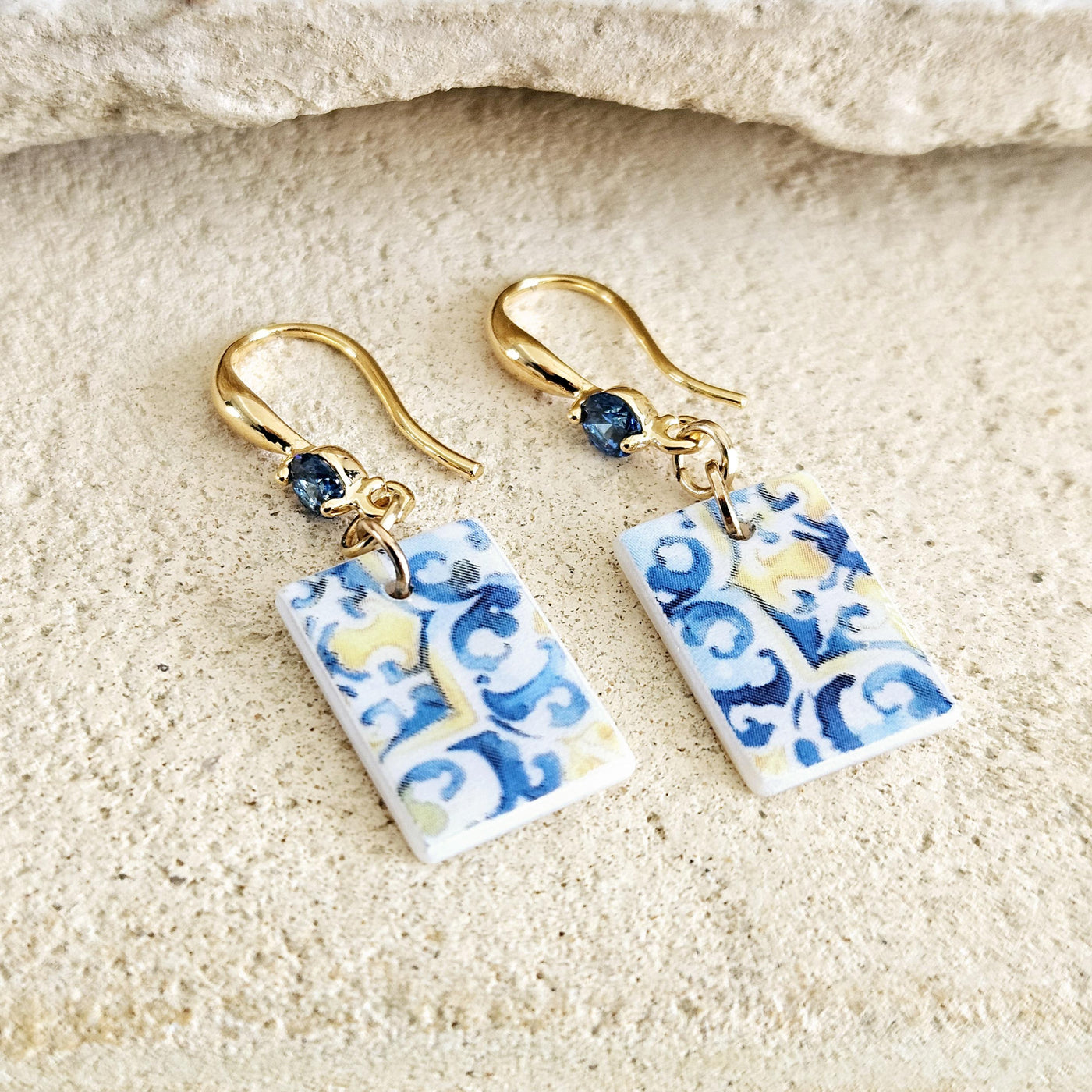 Watercolor Sicilian Tile Mother Pearl Earring GOLD 925 Sterling Silver Blue Zirconia Mediterranean Italian Tile Earring Gift Caltagirone