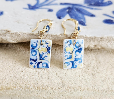 Watercolor Sicilian Tile Mother Pearl Earring GOLD 925 Sterling Silver Blue Zirconia Mediterranean Italian Tile Earring Gift Caltagirone