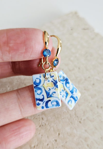 Watercolor Sicilian Tile Mother Pearl Earring GOLD 925 Sterling Silver Blue Zirconia Mediterranean Italian Tile Earring Gift Caltagirone