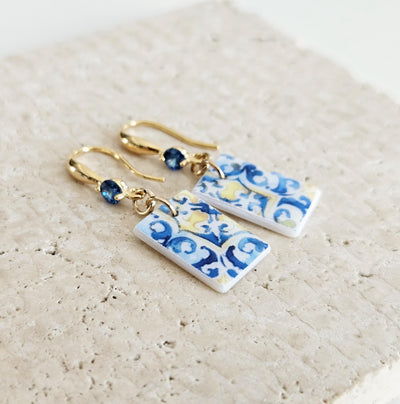 Watercolor Sicilian Tile Mother Pearl Earring GOLD 925 Sterling Silver Blue Zirconia Mediterranean Italian Tile Earring Gift Caltagirone