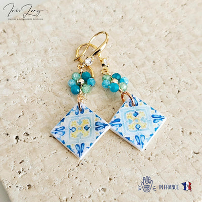 Watercolor Sicilian Tile Mother Pearl Earring GOLD 925 Sterling Flower Natural Stone Zirconia Mediterranean Tile Earring Gift Caltagirone