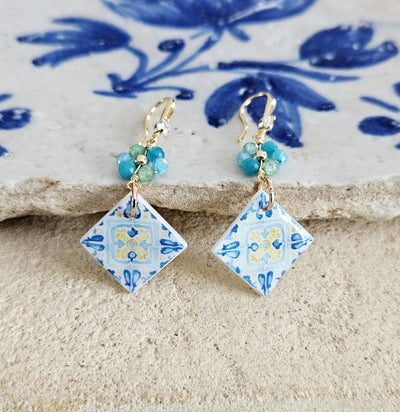 Watercolor Sicilian Tile Mother Pearl Earring GOLD 925 Sterling Flower Natural Stone Zirconia Mediterranean Tile Earring Gift Caltagirone