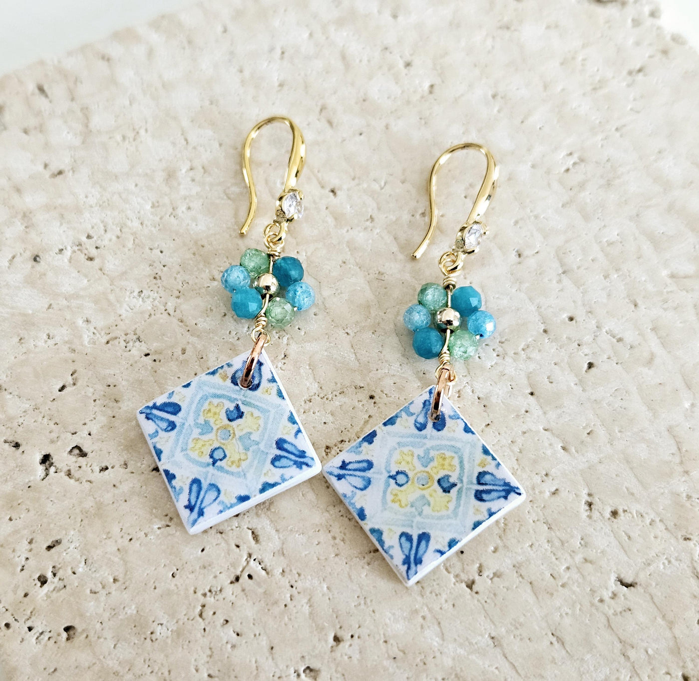 Watercolor Sicilian Tile Mother Pearl Earring GOLD 925 Sterling Flower Natural Stone Zirconia Mediterranean Tile Earring Gift Caltagirone