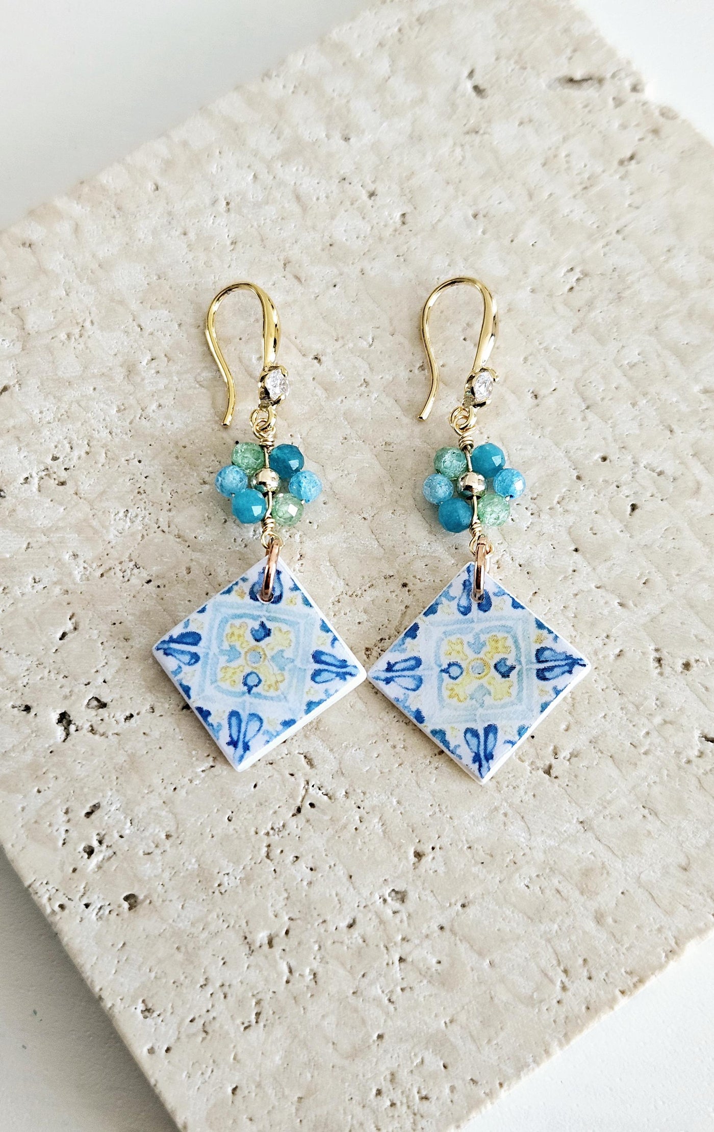 Watercolor Sicilian Tile Mother Pearl Earring GOLD 925 Sterling Flower Natural Stone Zirconia Mediterranean Tile Earring Gift Caltagirone