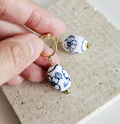 Ceramic Barrel Bead GOLD Hoop Earring Porcelain Ceramic Earring Blue White Flower Jewelry Non Pierced Ears Earring Pottery Pearl Wife Gift