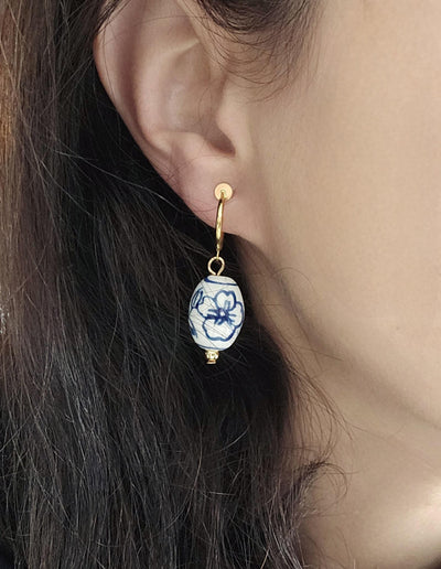 Ceramic Barrel Bead GOLD Hoop Earring Porcelain Ceramic Earring Blue White Flower Jewelry Non Pierced Ears Earring Pottery Pearl Wife Gift