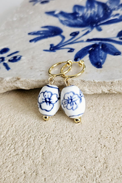 Ceramic Barrel Bead GOLD Hoop Earring Porcelain Ceramic Earring Blue White Flower Jewelry Non Pierced Ears Earring Pottery Pearl Wife Gift