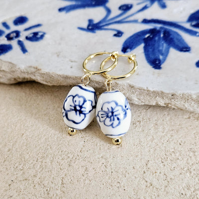 Ceramic Barrel Bead GOLD Hoop Earring Porcelain Ceramic Earring Blue White Flower Jewelry Non Pierced Ears Earring Pottery Pearl Wife Gift