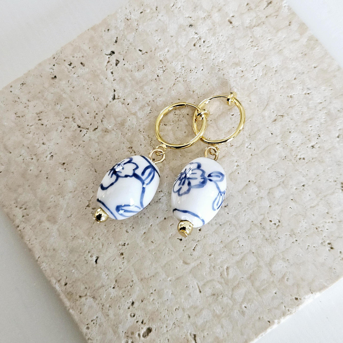 Ceramic Barrel Bead GOLD Hoop Earring Porcelain Ceramic Earring Blue White Flower Jewelry Non Pierced Ears Earring Pottery Pearl Wife Gift