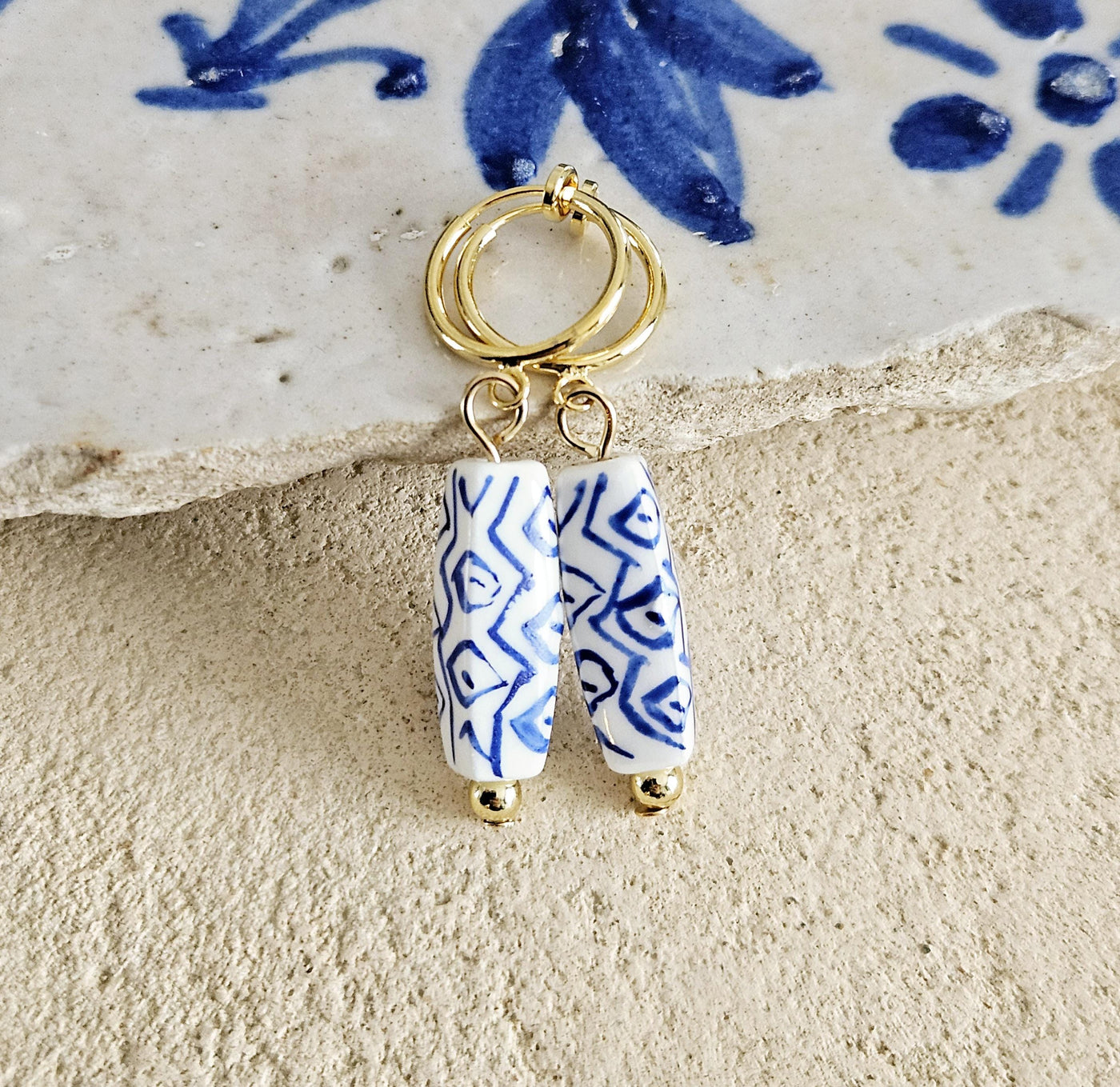 Ceramic Bar Bead GOLD Hoop Earring Porcelain Ceramic Earring Blue White Geometric Jewelry Non Pierced Ear Earring Pottery Hoop Birthday Gift