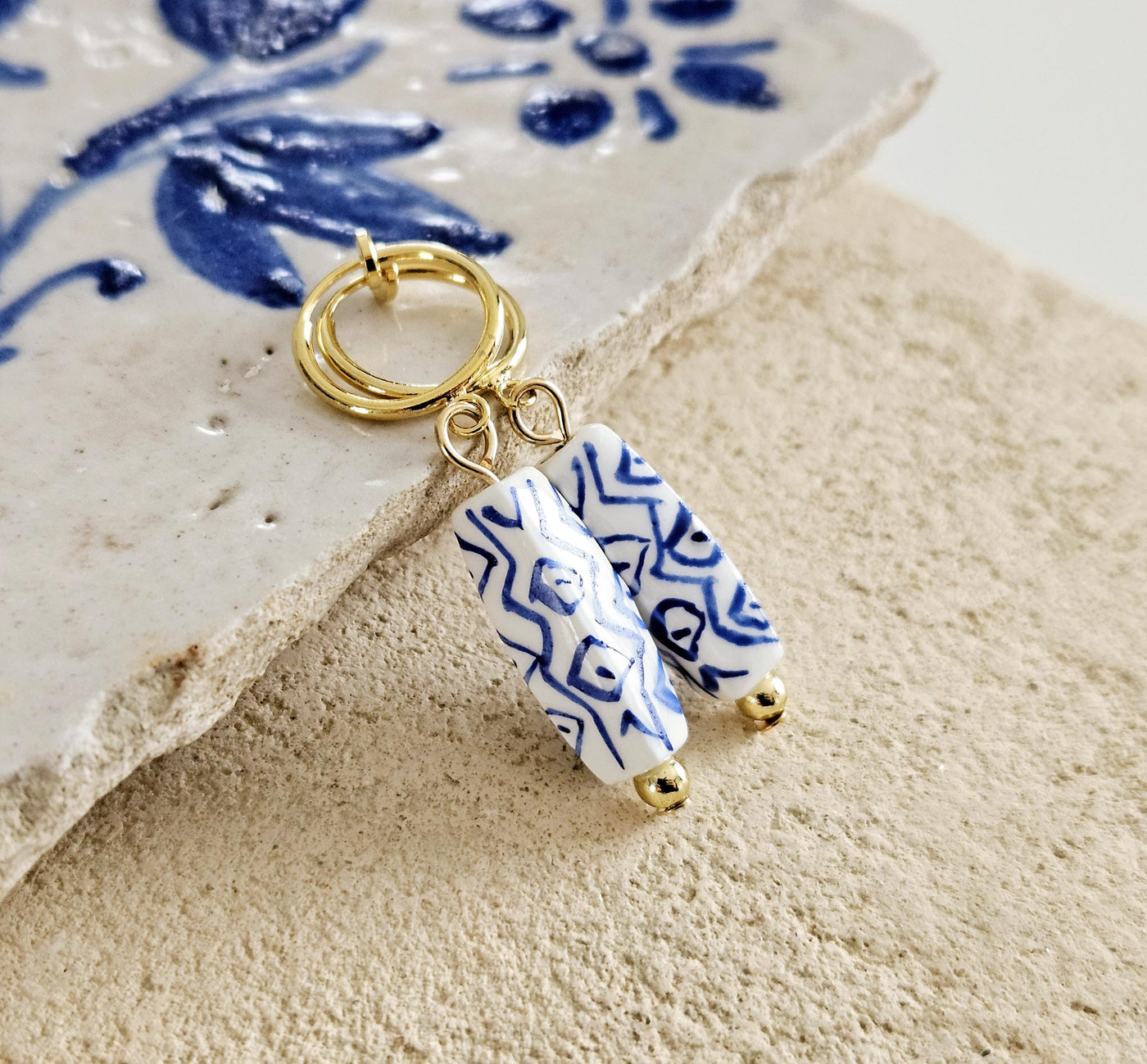 Ceramic Bar Bead GOLD Hoop Earring Porcelain Ceramic Earring Blue White Geometric Jewelry Non Pierced Ear Earring Pottery Hoop Birthday Gift