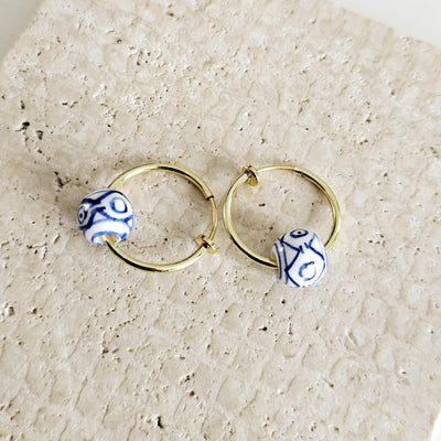 HOOP GOLD Ceramic Globe Bead Earring Porcelain Ceramic Earring Blue White Geometric Jewelry Non Pierced Ear Earring Pottery Birthday Gift