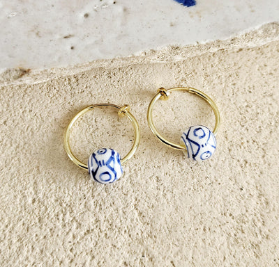 HOOP GOLD Ceramic Globe Bead Earring Porcelain Ceramic Earring Blue White Geometric Jewelry Non Pierced Ear Earring Pottery Birthday Gift