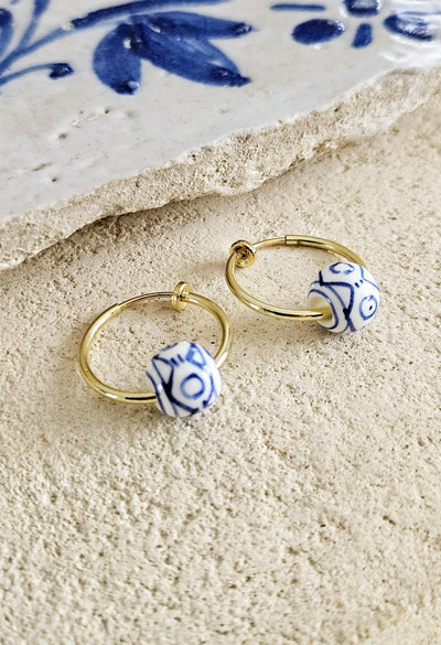 HOOP GOLD Ceramic Globe Bead Earring Porcelain Ceramic Earring Blue White Geometric Jewelry Non Pierced Ear Earring Pottery Birthday Gift