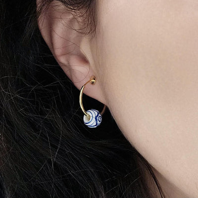 HOOP GOLD Ceramic Globe Bead Earring Porcelain Ceramic Earring Blue White Geometric Jewelry Non Pierced Ear Earring Pottery Birthday Gift