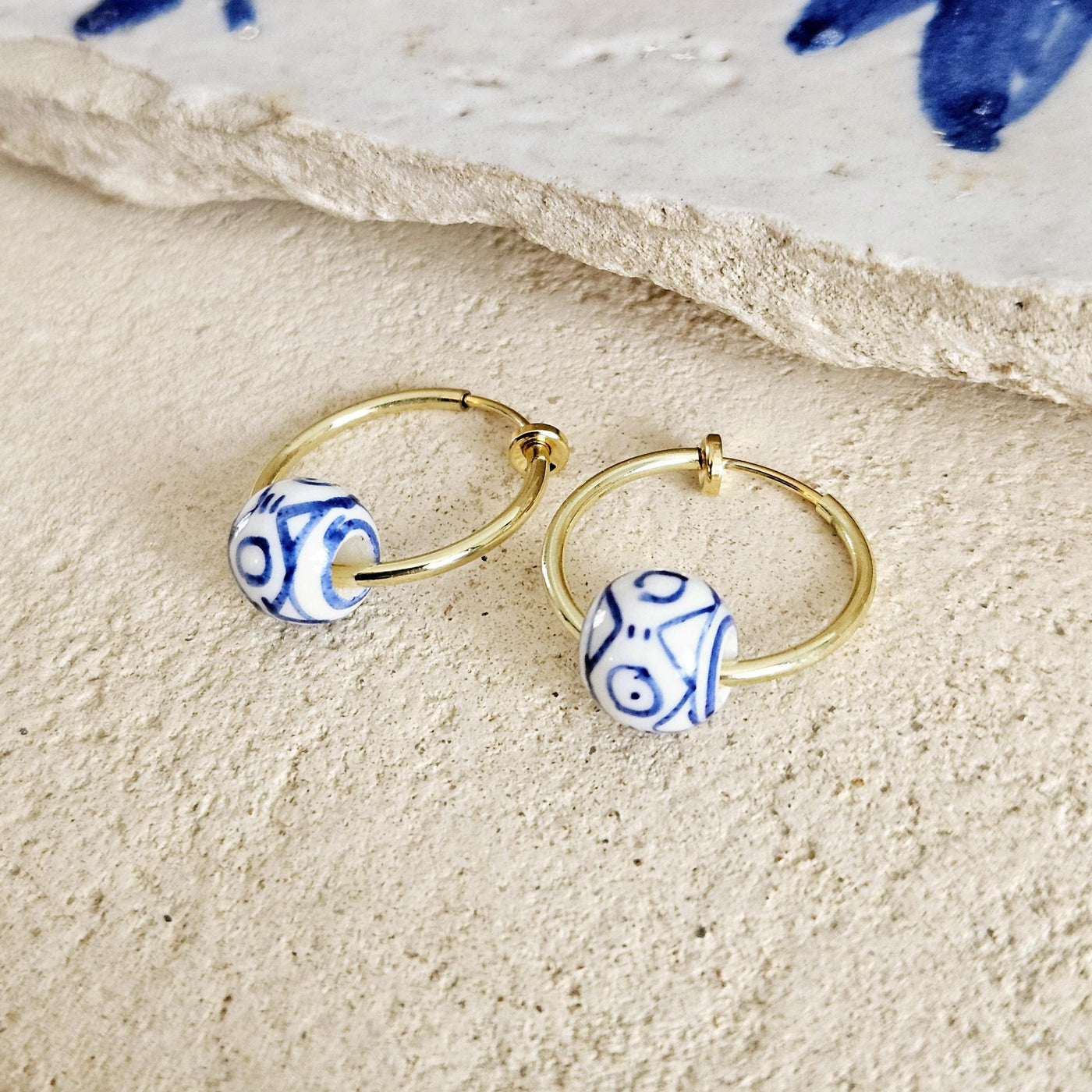 HOOP GOLD Ceramic Globe Bead Earring Porcelain Ceramic Earring Blue White Geometric Jewelry Non Pierced Ear Earring Pottery Birthday Gift