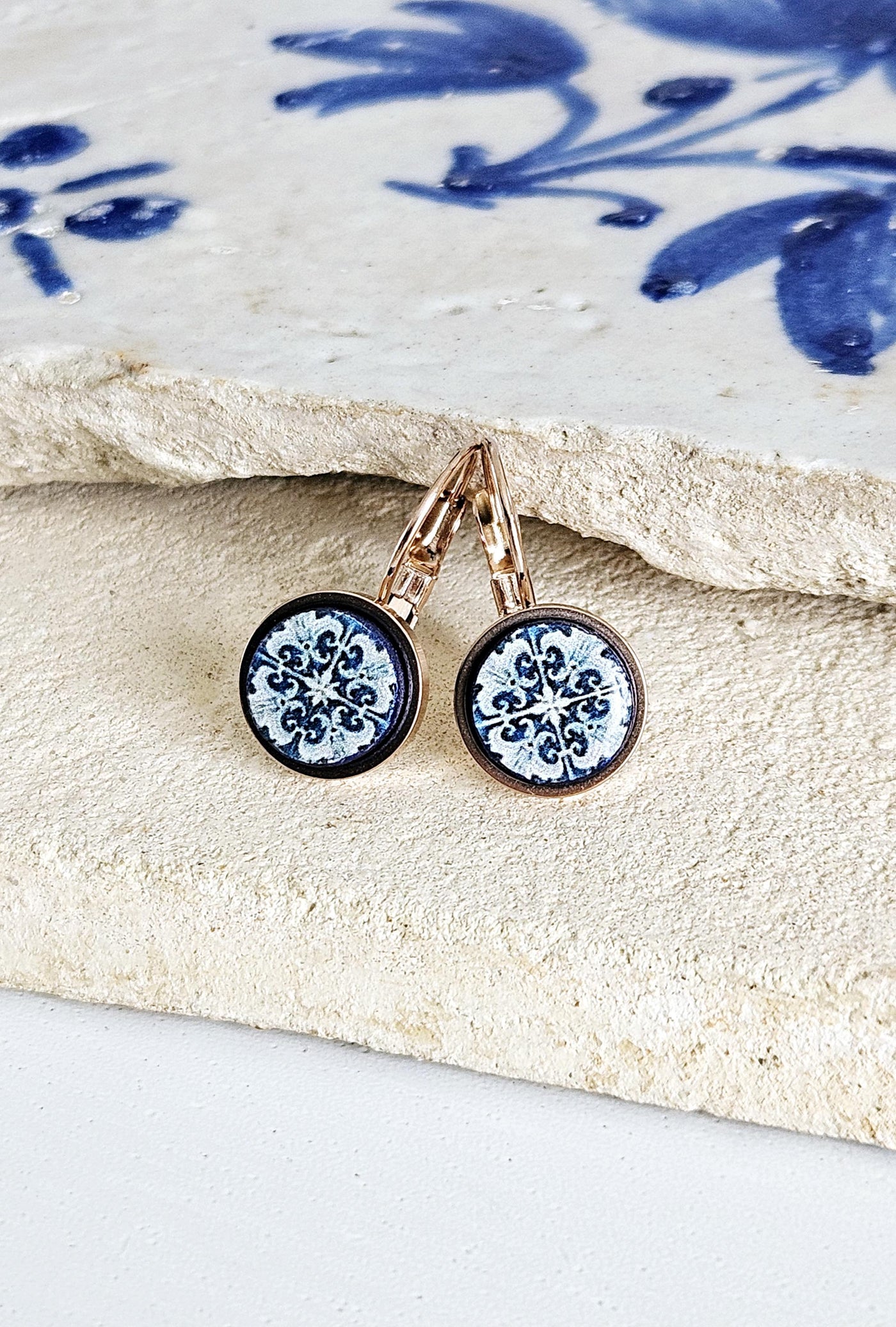 Portugal Blue Azulejo Earring ROSE GOLD STEEL Portuguese Tile Drop Earring Geometric Earring Majolica Blue Gold Tile Antique Azulejo Earring