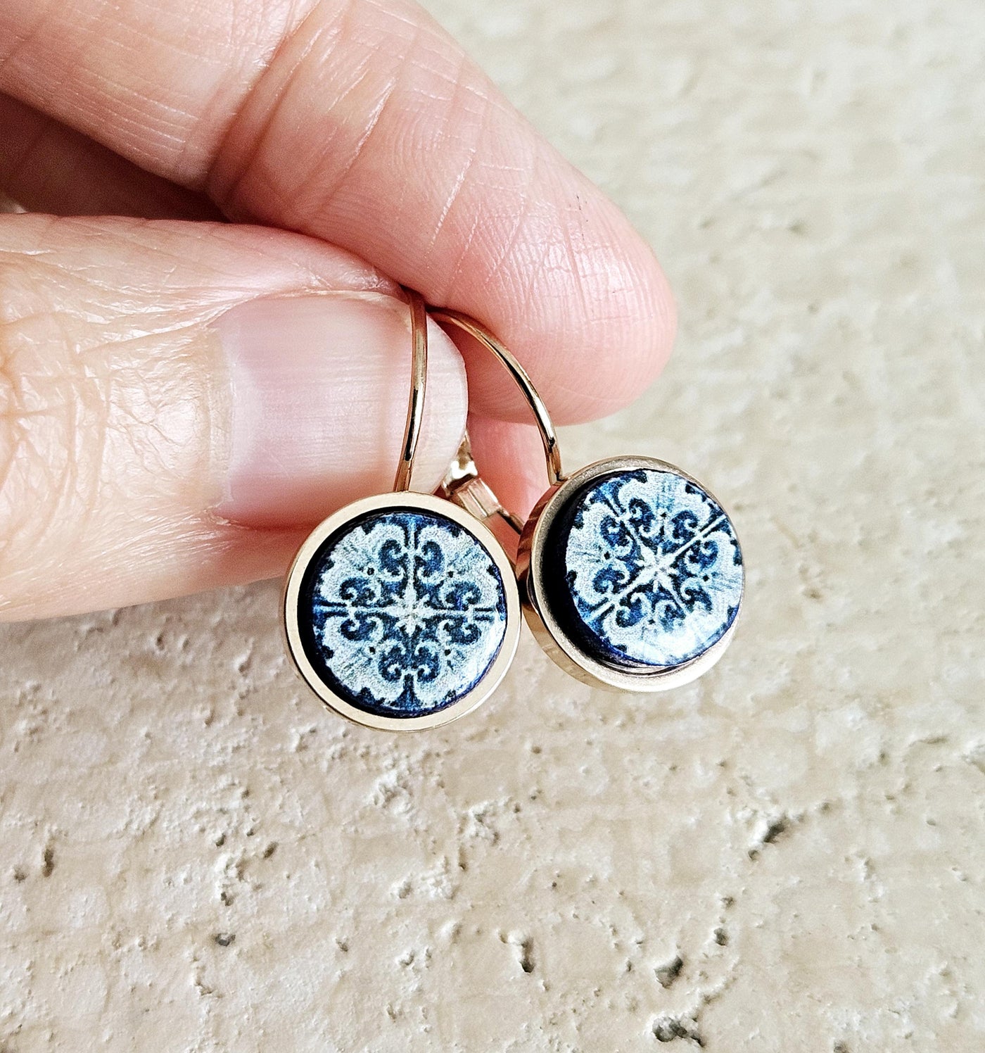 Portugal Blue Azulejo Earring ROSE GOLD STEEL Portuguese Tile Drop Earring Geometric Earring Majolica Blue Gold Tile Antique Azulejo Earring