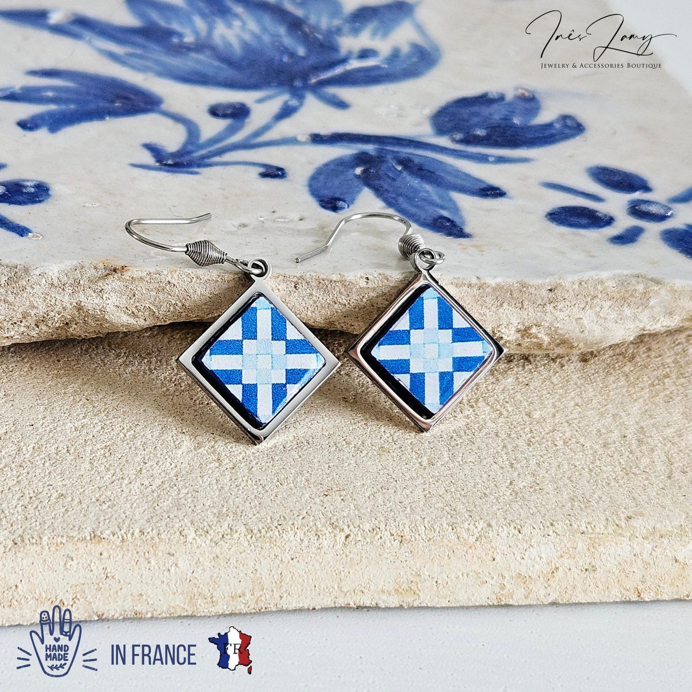 Blue Portugal Tile Earring Diamond Drop SILVER Earring Azulejo Stainless STEEL Prom Earring Portuguese Jewelry Gift Mom Wife Birthday Gift