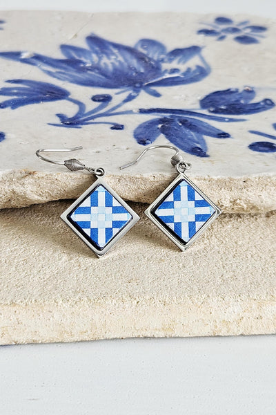 Blue Portugal Tile Earring Diamond Drop SILVER Earring Azulejo Stainless STEEL Prom Earring Portuguese Jewelry Gift Mom Wife Birthday Gift