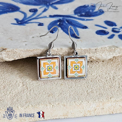 Portuguese Orange Tile Earring Lisbon Small Tile Earring Azulejo Majolica Earring Gift Blue Retro Drop Earring Travel Fall Gift Tile