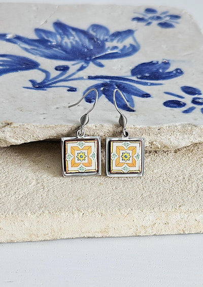 Portuguese Orange Tile Earring Lisbon Small Tile Earring Azulejo Majolica Earring Gift Blue Retro Drop Earring Travel Fall Gift Tile