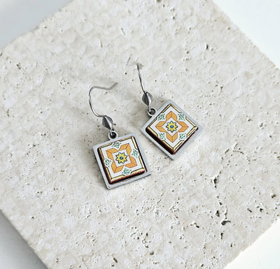 Portuguese Orange Tile Earring Lisbon Small Tile Earring Azulejo Majolica Earring Gift Blue Retro Drop Earring Travel Fall Gift Tile