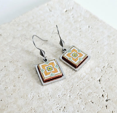 Portuguese Orange Tile Earring Lisbon Small Tile Earring Azulejo Majolica Earring Gift Blue Retro Drop Earring Travel Fall Gift Tile