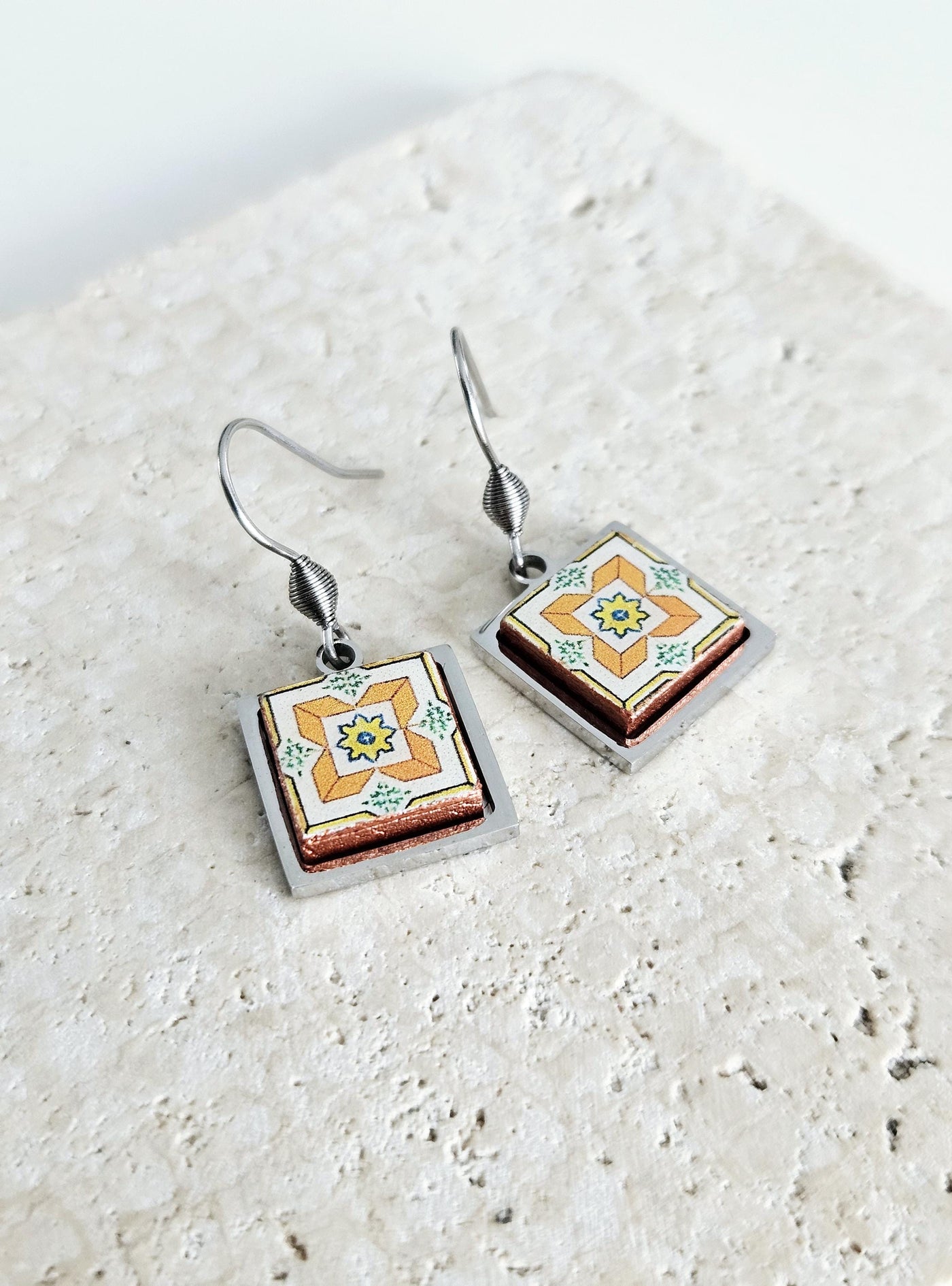 Portuguese Orange Tile Earring Lisbon Small Tile Earring Azulejo Majolica Earring Gift Blue Retro Drop Earring Travel Fall Gift Tile