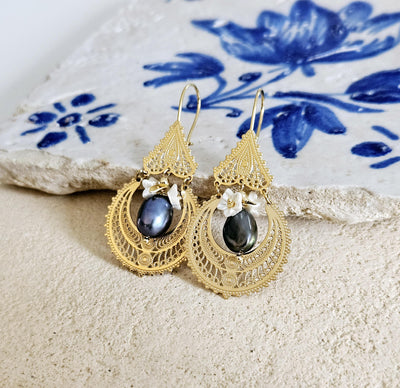 Queen Filigree Earring GOLD Steel Black PEARL Flower Dangle Thin Earring Lightweight Handmade Jewelry Mom Birthday Gift Portugal Travel Gift