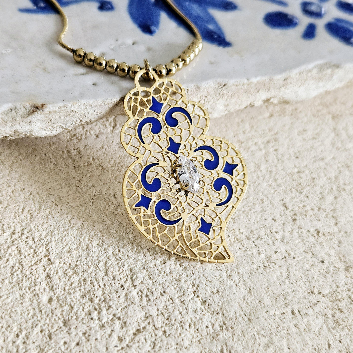 GOLD Filigree Heart Necklace Portuguese Viana Heart Azulejo Pendant Portugal Jewelry Gold Heart Pendant Blue Enamel Thin Wife Necklace Gift