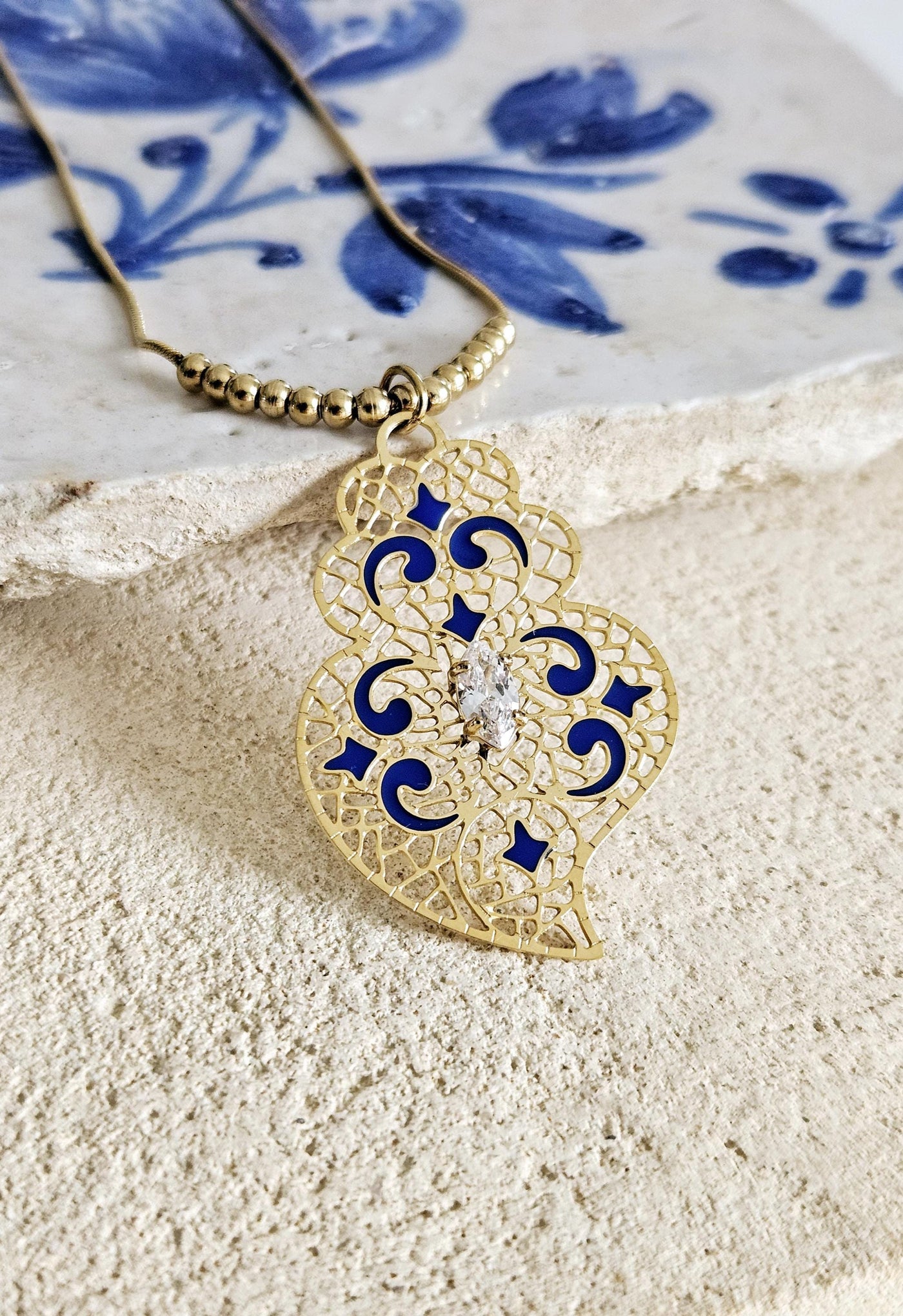 GOLD Filigree Heart Necklace Portuguese Viana Heart Azulejo Pendant Portugal Jewelry Gold Heart Pendant Blue Enamel Thin Wife Necklace Gift