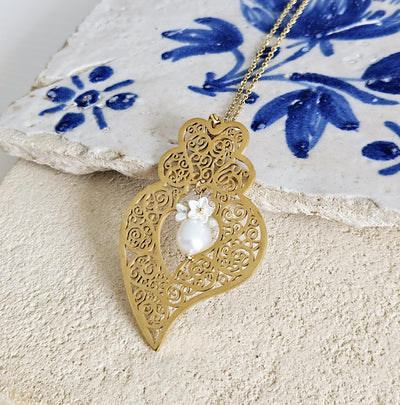 GOLD Filigree Heart Necklace Portuguese Viana Heart Pendant Portugal Jewelry Gold Heart Pendant Mother Pearl Flower Necklace Mother Gift